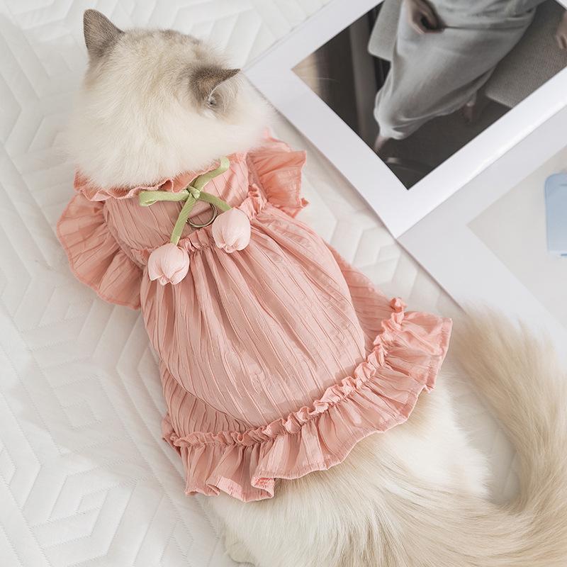Tulip Pleated Cat Dress Can Be Towed Spring and Summer Thin Breathable Teddy Into Cat Pet Cat Clothes