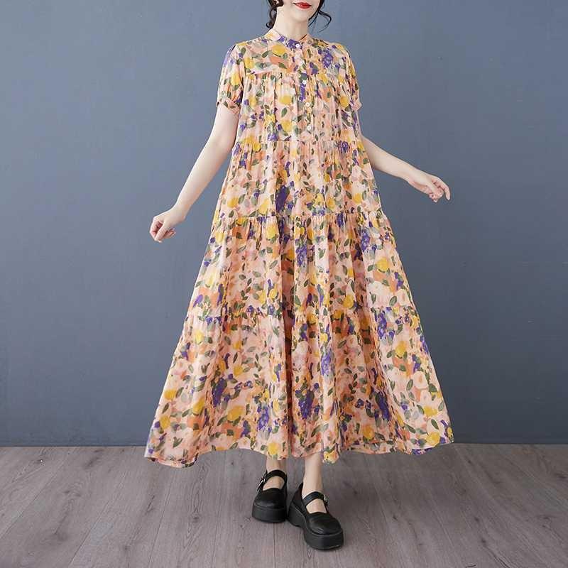 Cotton 2025 Summer Women's Loose Large Size Fashion Printed Long Dresses