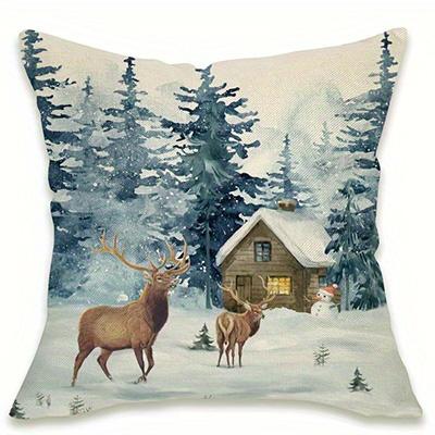 Home Decor Winter Forest Scenes With Deer And Cabin Pattern Cushion Cover Suitable For Sofa Bedroom Car Pillow Cover