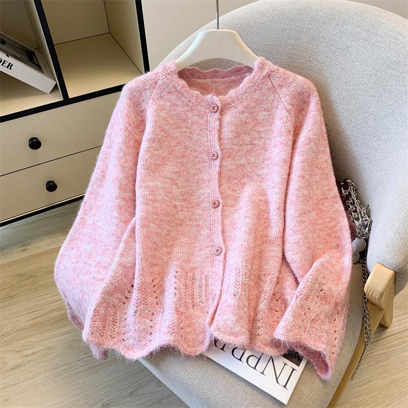 Women's Soft Knit Cardigan with Colorful Lace Collar - Cozy Autumn/Winter Loose Fit Fur Coat