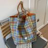 Japanese Style Plaid Canvas Tote Bag Leisure Lattice Handbag Double Sided Shoulder Bag  Student