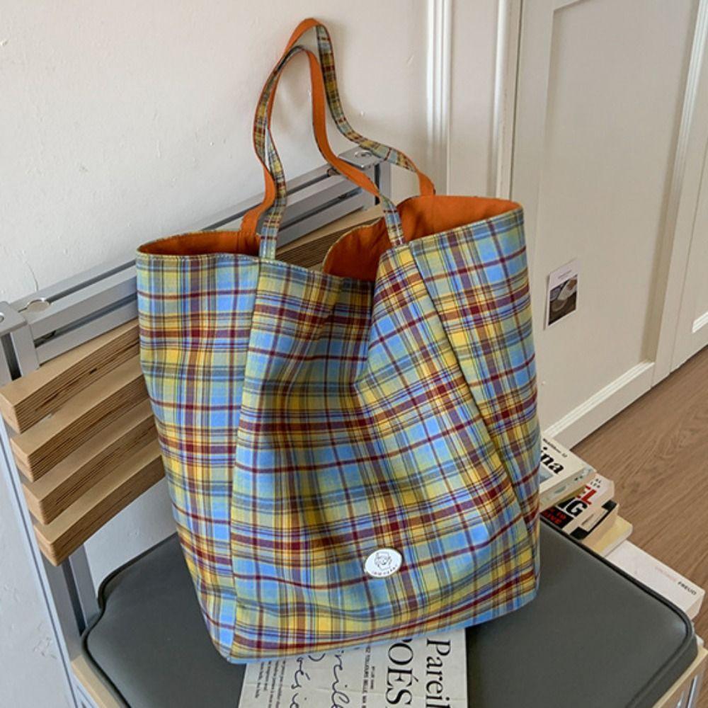 Leisure Double Sided Shoulder Bag Versatile Lattice Handbag Casual Plaid Canvas Tote Bag  Women