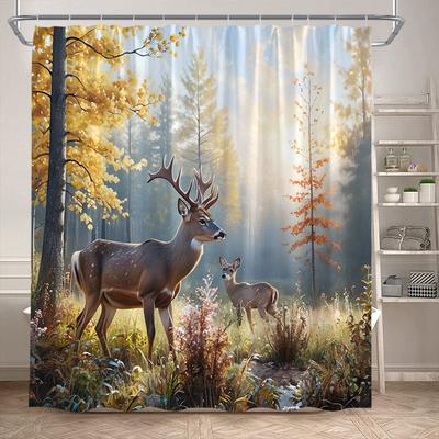 Cortina de Ducha Alce Bosque Otoñal Árboles de Arce Rojo Rústico Cascada Animales Salvajes Paisaje Otoñal Cortinas de Baño Decoración para el Hogar Baño
