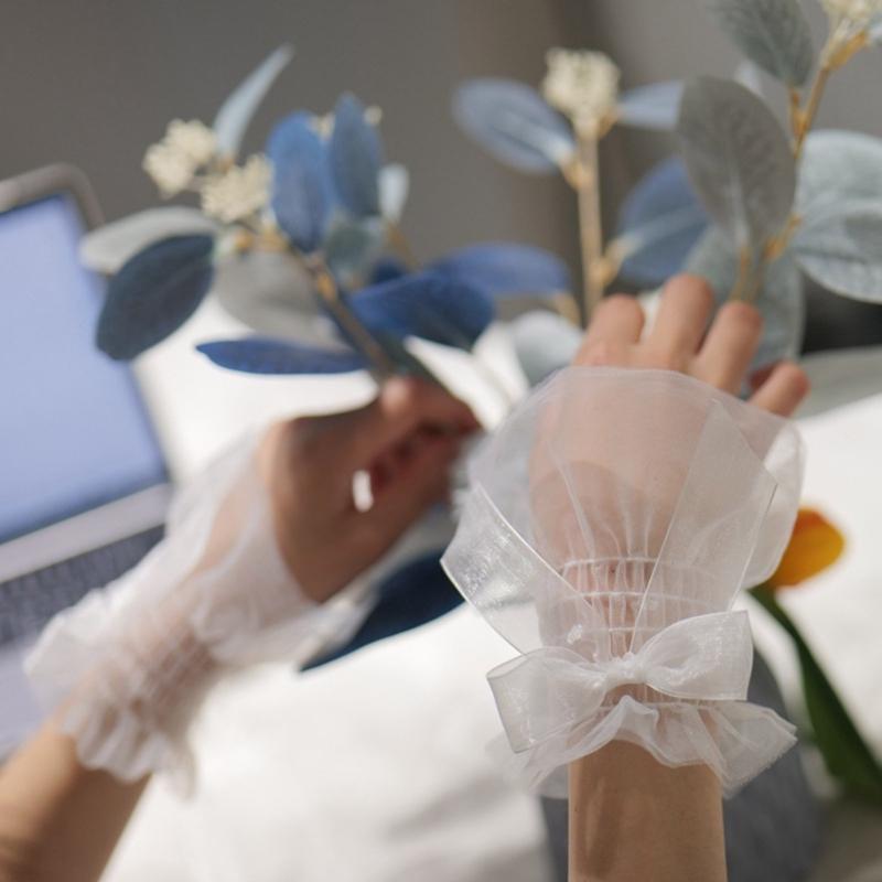 Women Wrist Cuffs Removable Bowknot Ruffled Wedding Supply Bride Dress False Sleeves Tulle Flared Sleeves