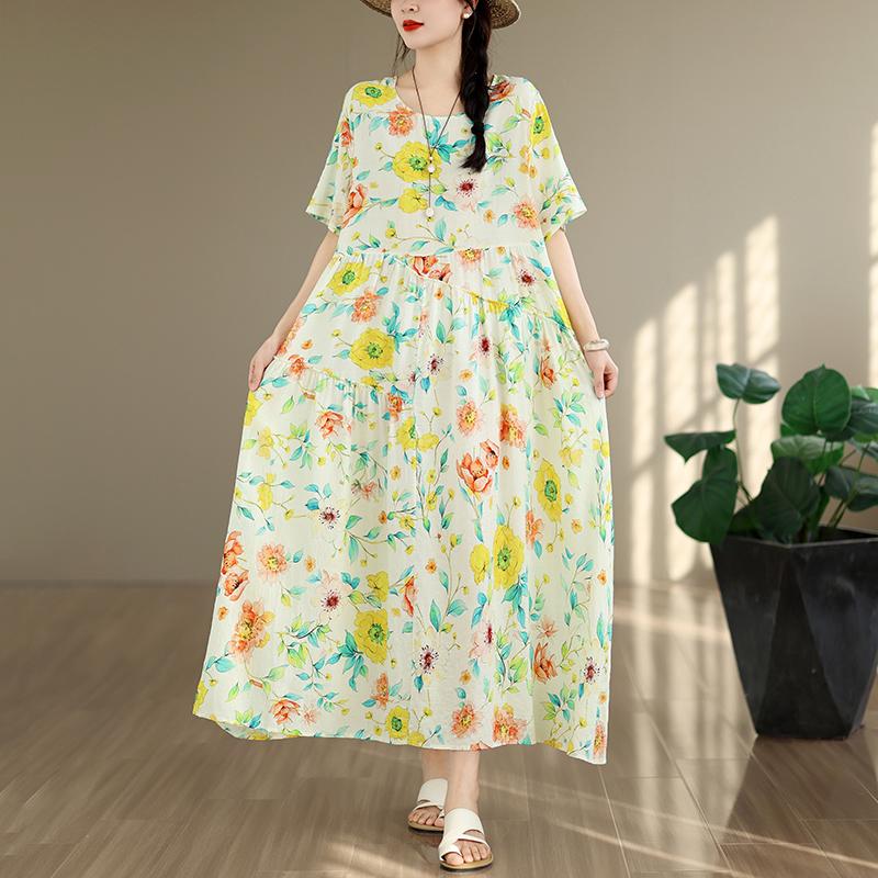 DIMANAF New 2026 Sundress Women Plus Size Summer Casual Print Floral Maxi Long Dress Cotton Loose Oversize Beach Holiday