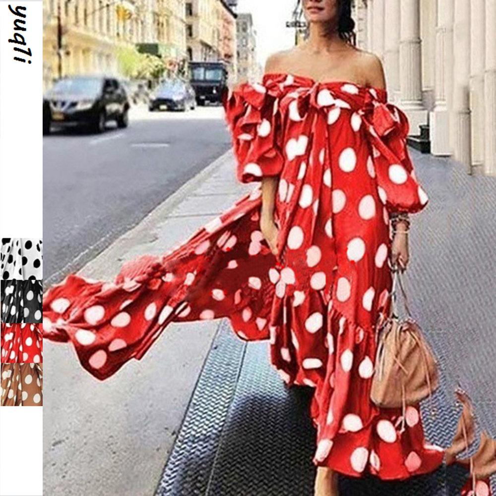 European and American women's dress off-the-shoulder polka dot casual bohemian long dress