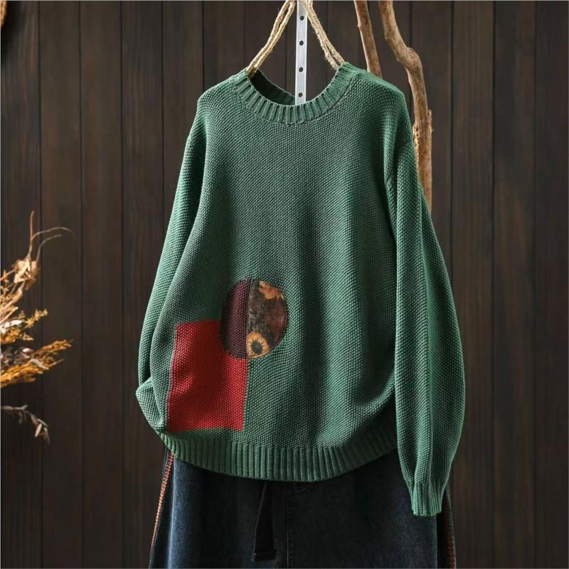Johnature Dámské vintage patchworkové pulovry jednobarevné s kulatým výstřihem a dlouhým rukávem pletené oblečení podzimní svetry