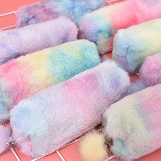 Plush Pencil Case Octagonal Shape Large Capacity Pencil Pouch Gradient Colors Zipper Storage Pouch for Stationery Cosmetics And Personal Items