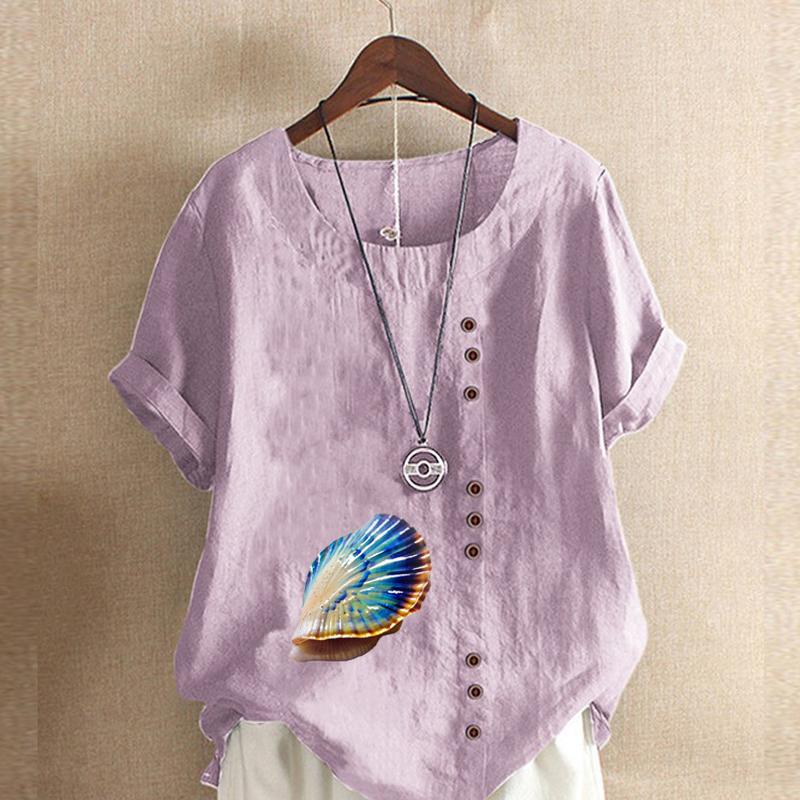 Women's Fashion Round Neck Short Sleeve T-shirt Casual Cotton Linen Graphic Shirt Shell Prined Summer Blouse Tops Plus Size