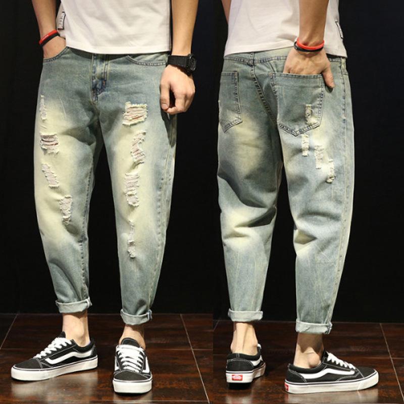 

Летние джинсы с рваными дырками, мужские свободные повседневные брюки, мужские тонкие брюки, прямые брюки, брюки Харлан 32