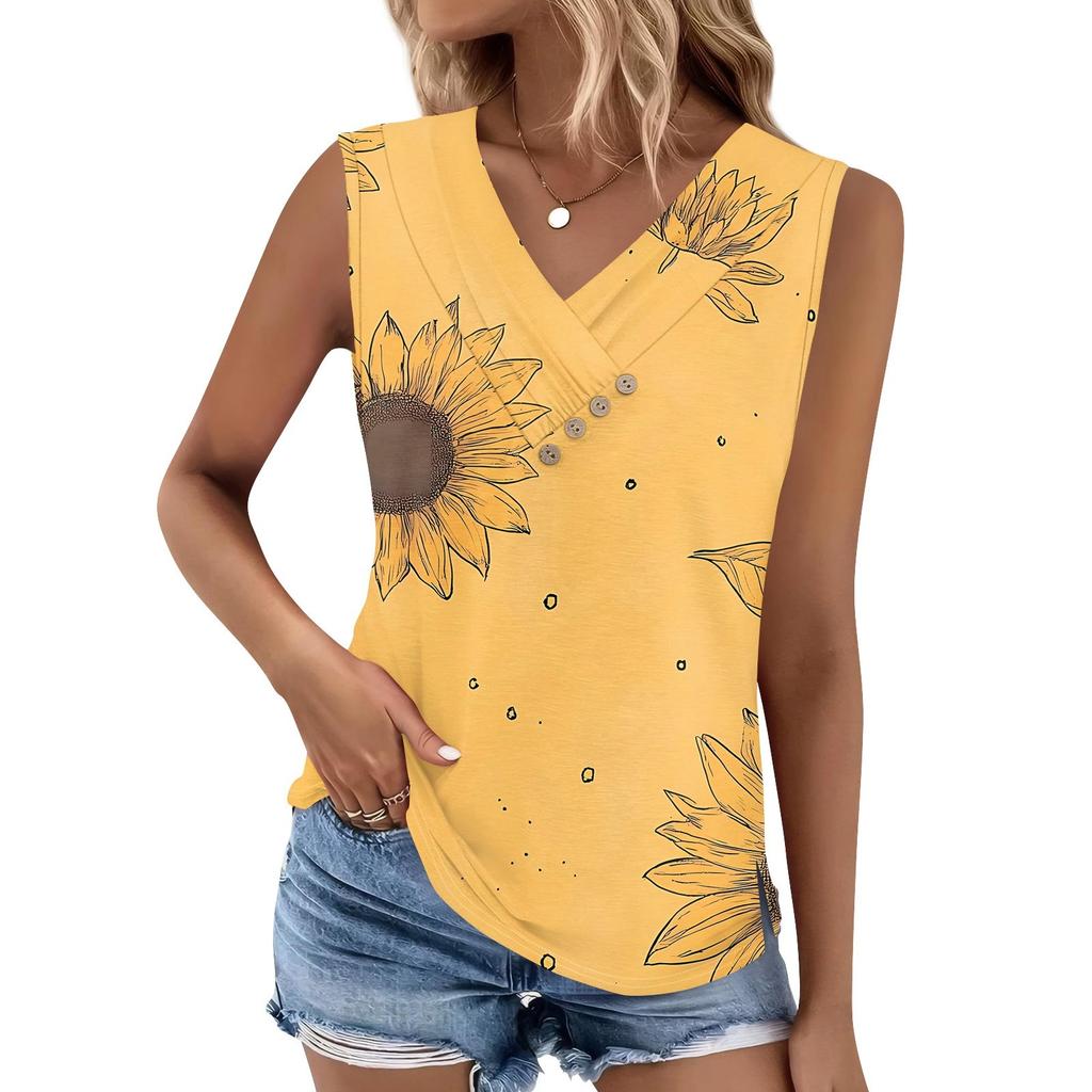 Women's Print Tank Top Button-down V-neck T-shirt Sleeveless Loose Fashion Top