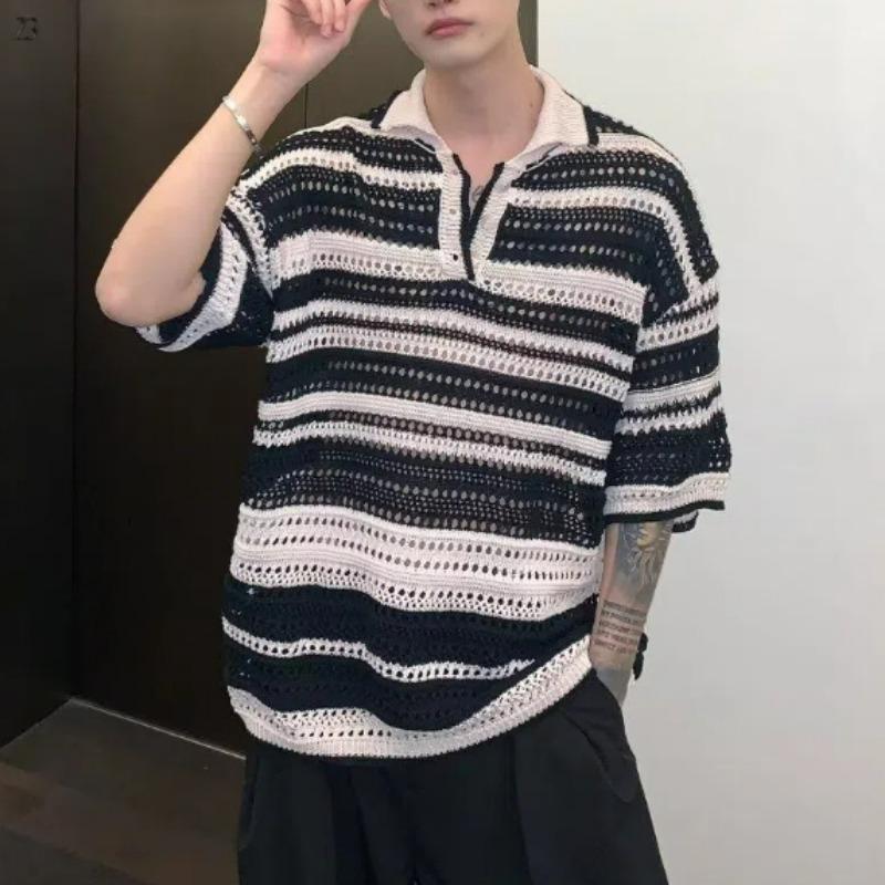

Мужская летняя мода Винтажная радужная полосатая ажурная трикотажная футболка с воротником поло Повседневная уличная одежда С коротким рукавом Свободный пуловер Топы M чёрный