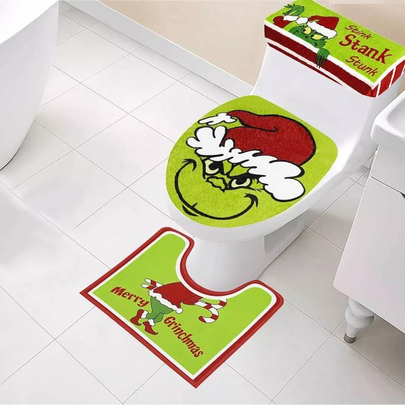 Set Decorazioni Bagno Natale Copriwater e Tappetino Verde Festivo del Grinch