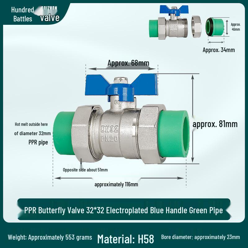 PPR Double Union Ball Valve - All Copper, Thickened, Straight Through Floor Heating with Hot Melt, Sizes DN20, DN25, DN32