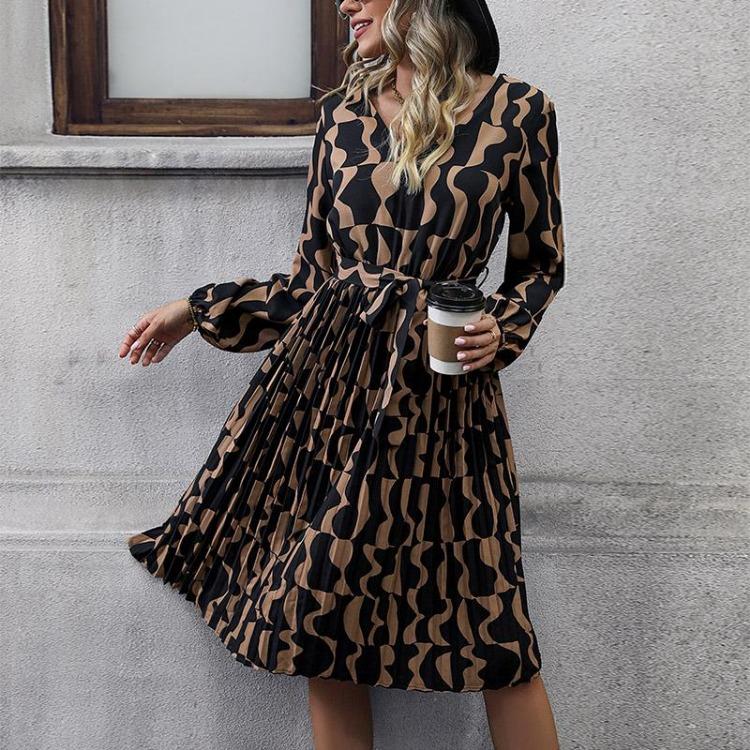 Autumn Winter Women Elegant V Neck Long Sleeve High Waist A Line Knee Length Casual Print Dress