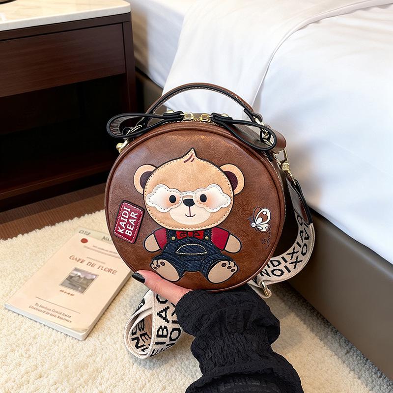 Cartoon Teddy Bear Round Cookie Handheld & Crossbody Bag with Wide Strap - Women's Cute Small Bag