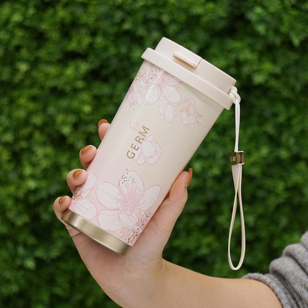 GERM Sakura Design Insulated Mug Stainless Steel Insulates Hot Cold Double Walled Design for and Travel - & Drinks, Leak-Proof Commuting,