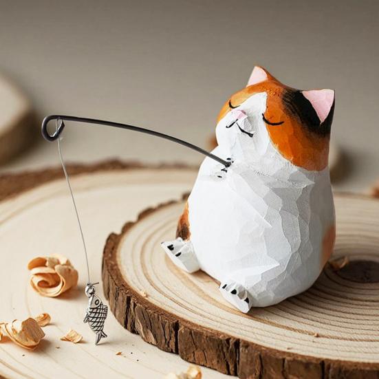 Hand-Carved Wood Ornaments Fishing Cat Sculpture Miniature Solid Wood Desktop Decor Eco-Friendly Painted Cat Figurine for Home Office Gift