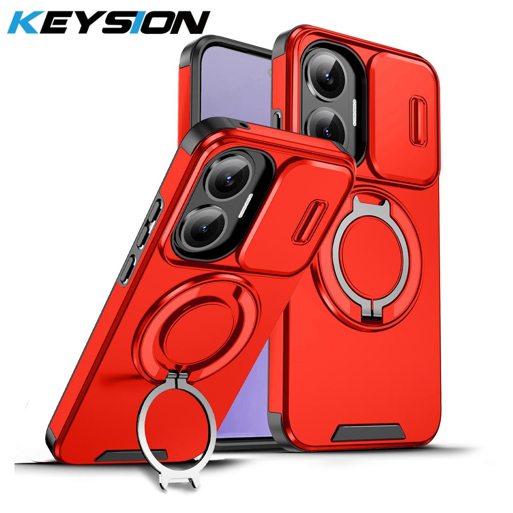 KEYSION 360° Ring Stand Phone Case for Xiaomi POCO F7 Slide Camera Protection Magnetic Shockproof Cover for Redmi Turbo 4 Pro