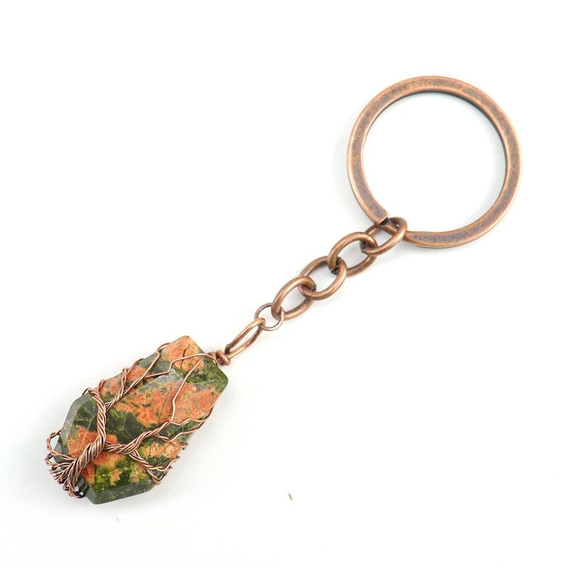 Vintage Hand-Wound Natural Agate Crystal Octahedron Keychain Key Chain Bag Pendant K16