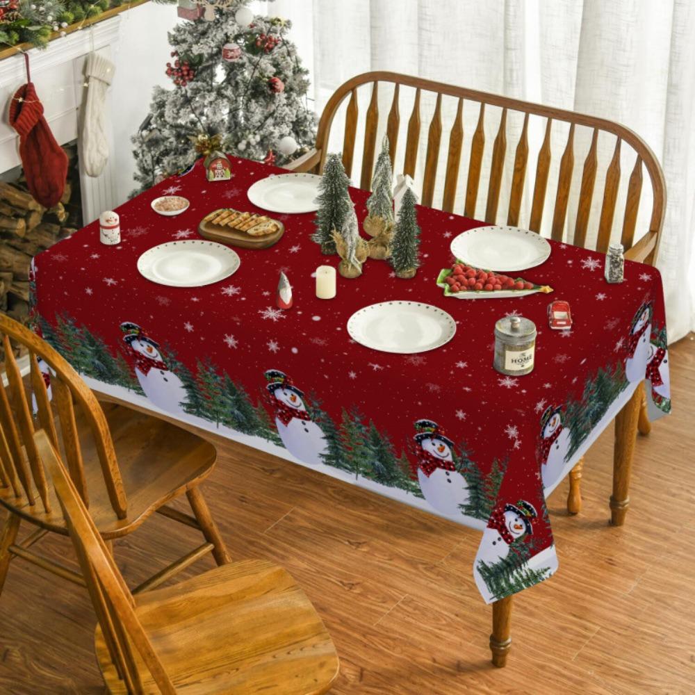 Christmas Polyester Tablecloth Snowman Print Lightweight Stain Resistant Dining Decor Long Table Cover