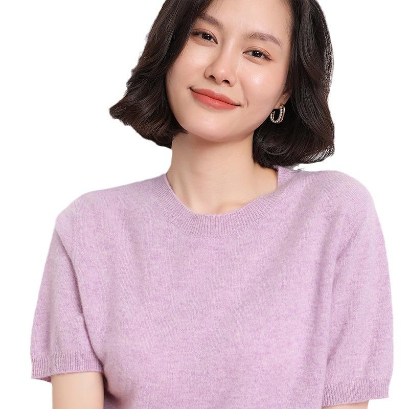 Women's Cashmere Knitwear: 2023 Autumn/Winter Loose Fit, Round Neck, Half Sleeve, Solid Color Base Layer.