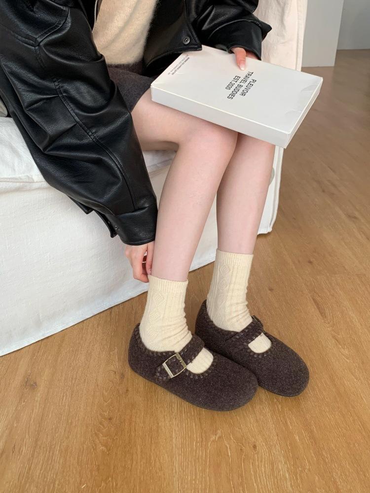 Mori Woolen Inner Heightening and Velvet Birkenstock Women's Shoes Are All-inclusive, Autumn and Winter Lazy People Pedal Loafers, Mary Jane Single S
