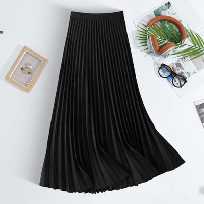 Women Midi Skirt Elastic High Waist Satin Pleated Skirt Solid Color Long Skirt Work Leisure Daily Wear