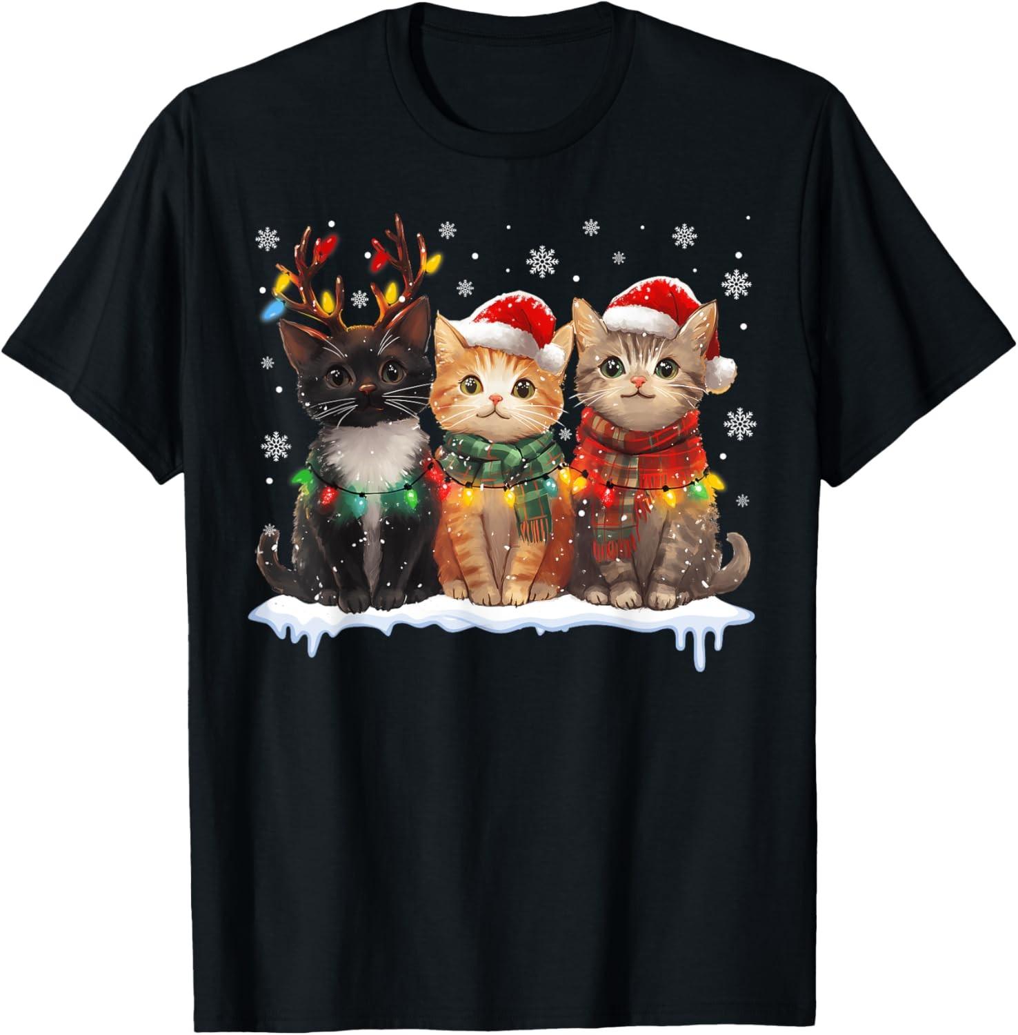 Santa Cat Light Reindeer Christmas Cat Lover Pajamas T-Shirt S