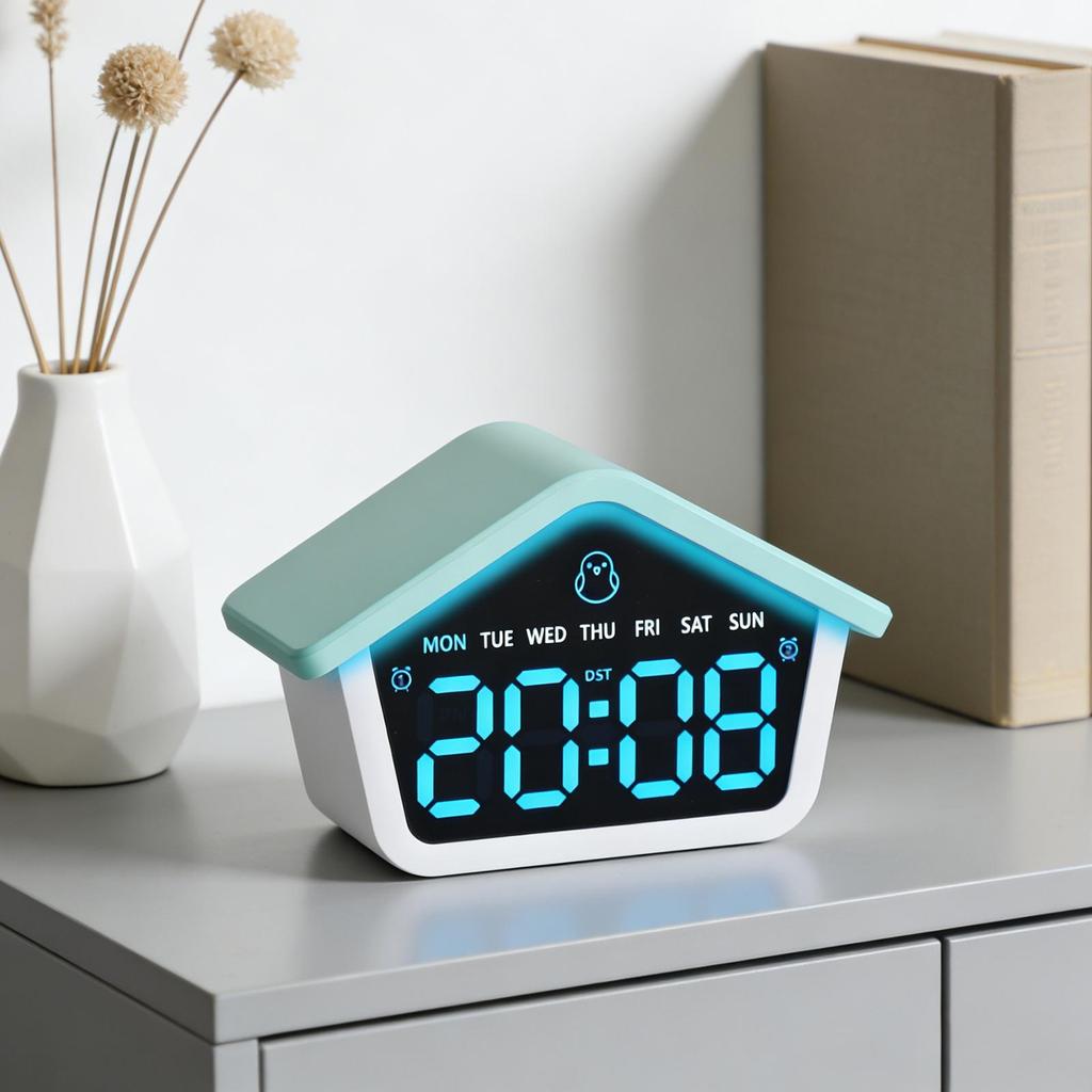 LED Digital Alarm Clock House Shaped Week Date Brightness Adjustment 2 Alarms Silent DST Snooze Table Clock with Ambient Light