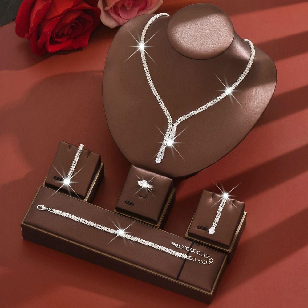 Light Luxury Earrings Bracelet Necklace Ring Set Minimalist Crystal Earrings Chain Set Party Gift