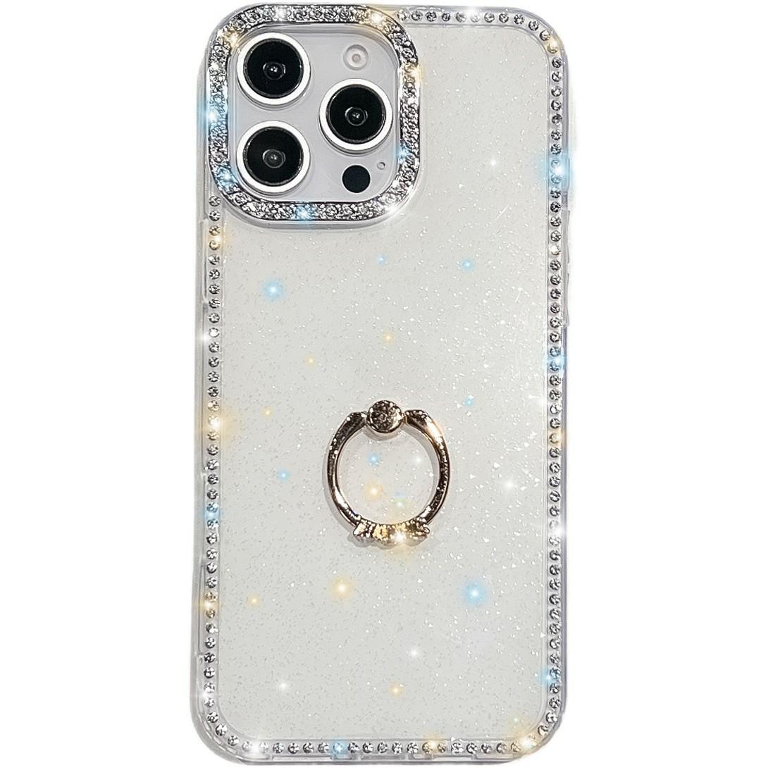 

For iPhone 16 Pro Case with Ring Kickstand Rhinestone Edge TPU+PC IMD Phone Cover Glitter White
