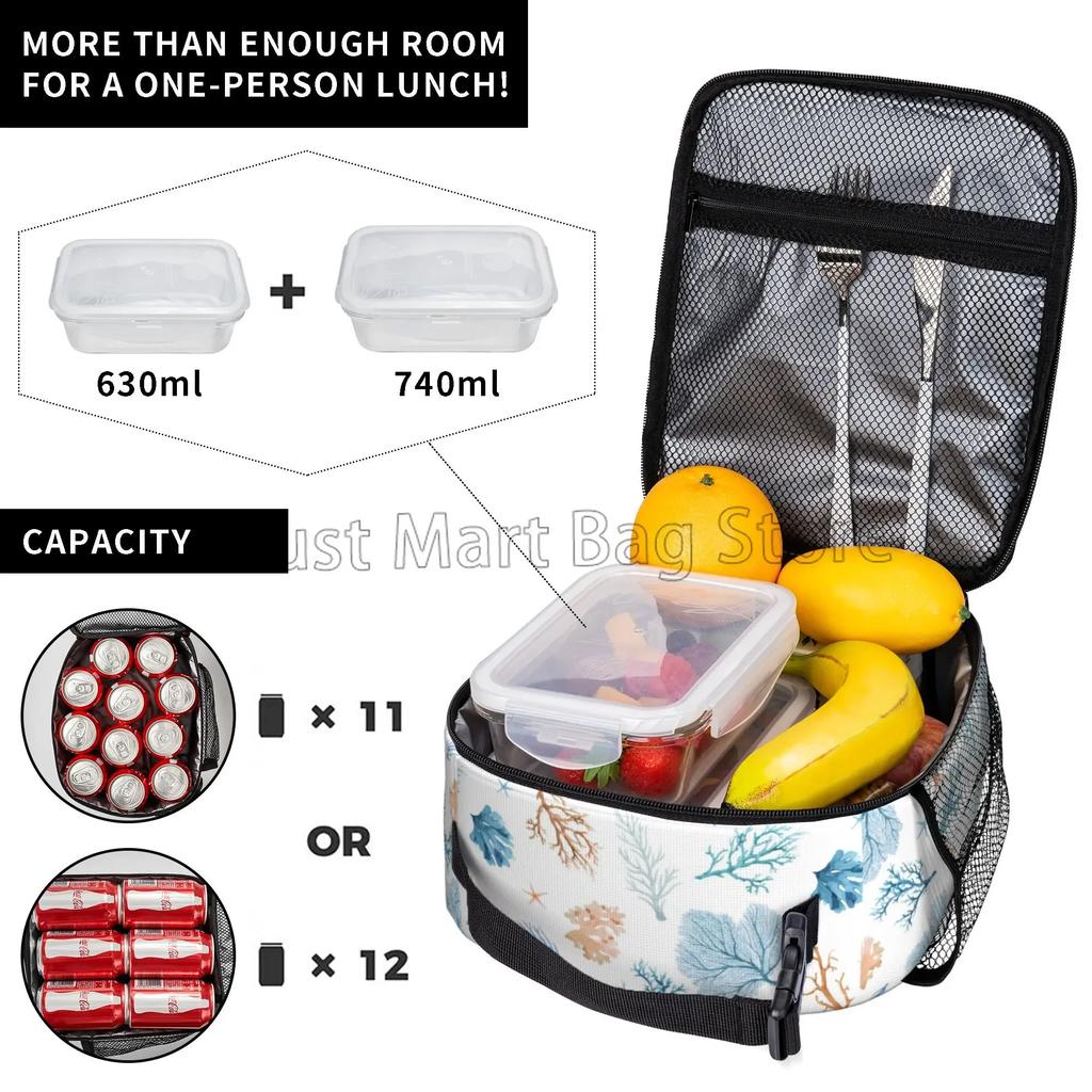 Blau Weiß Ozean Koralle Isolierte Brotdose Wiederverwendbare Thermische Lunchtasche Mahlzeit Tragbarer Behälter Tragetasche für Damen Arbeit Picknick Reise