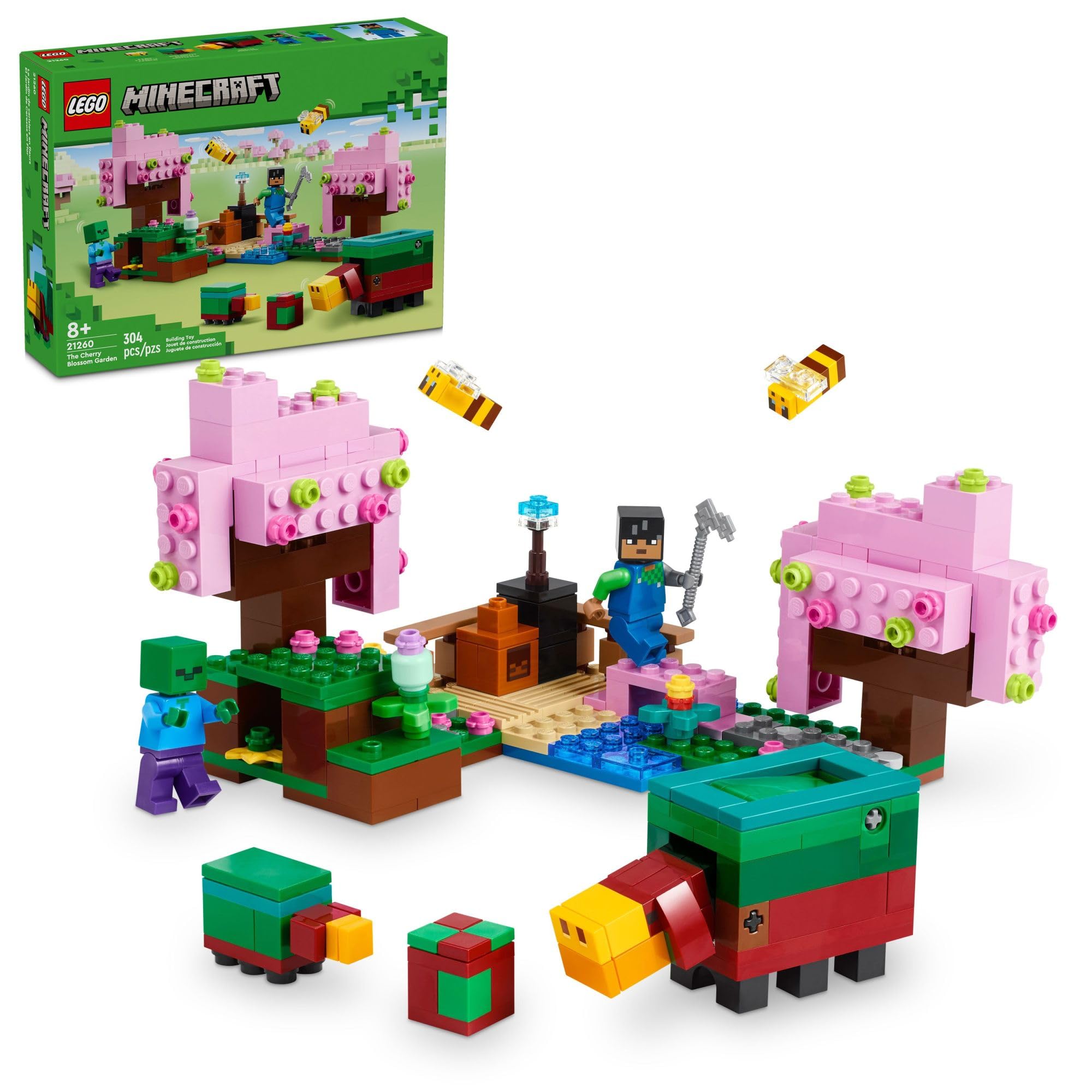 Игровой набор LEGO Minecraft Сад цветущей вишни для детей, Строительный набор с 2 минифигурками Minecraft, 1 пчелой и 1 фигуркой Сниффера, Практичный Minecraft