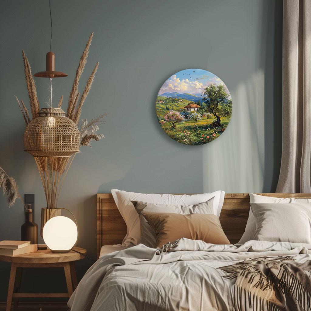 Mfoever Tin Sign Vintage Tuscan Countryside Landscape Oil Painting Themed Round Metal Tin Sign Rustic Italian Villa Garden Wall Decor Art Plaque
