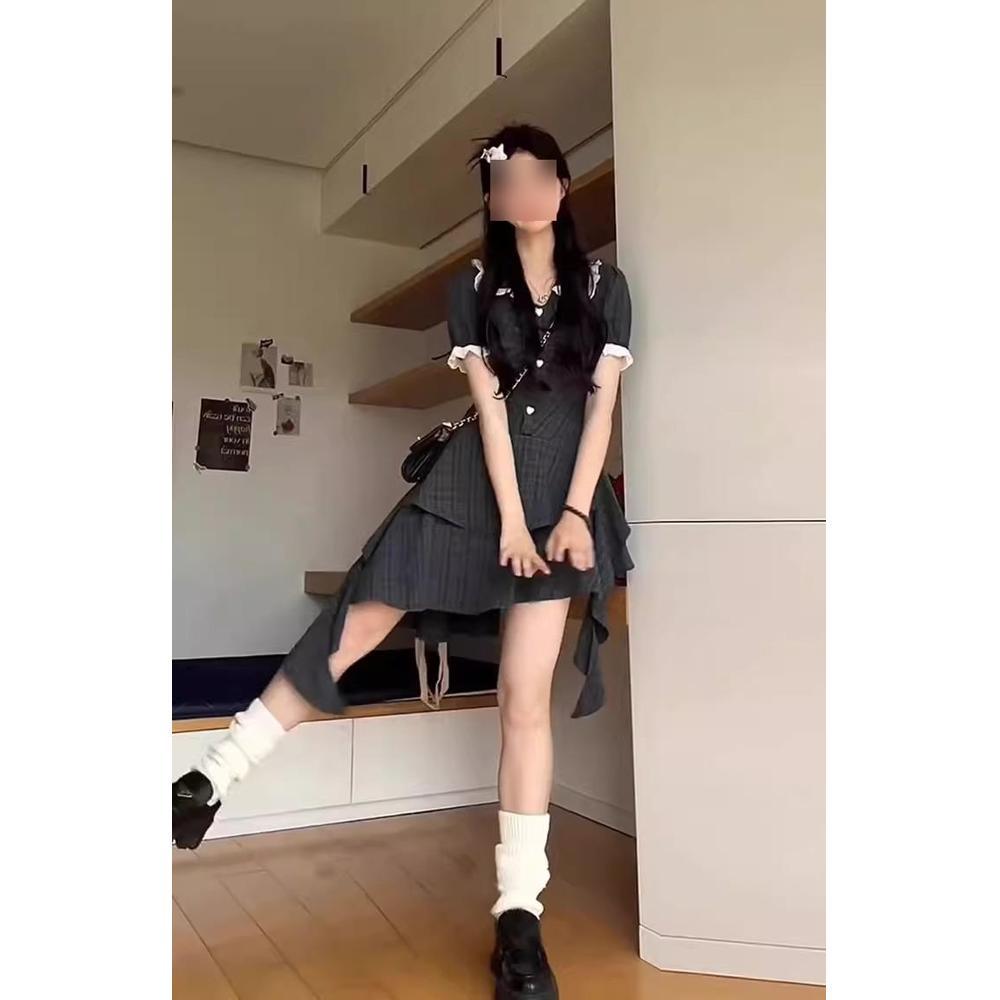 

Женское платье в французскую клетку с кружевом - Неравномерная пышная юбка Летний стиль L (for 50-55 kg)