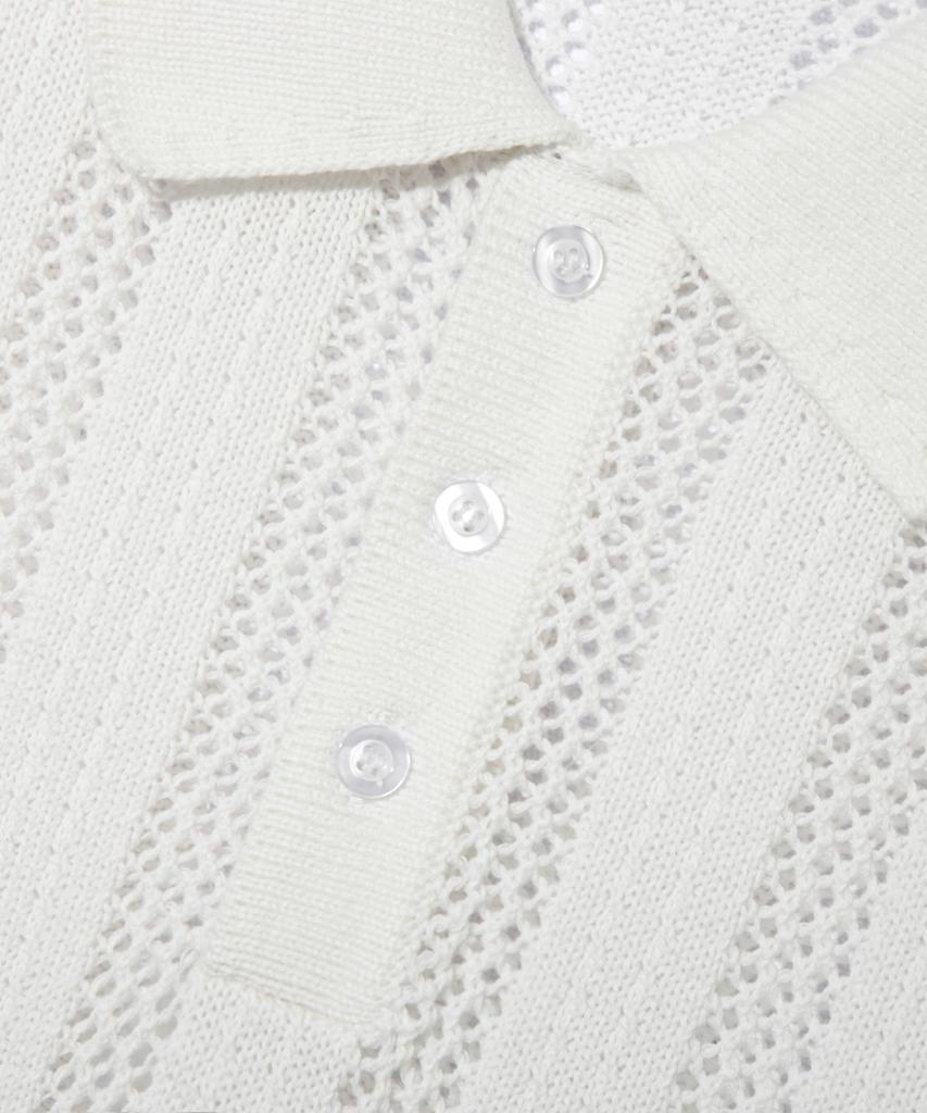 TRILLION Striped Curly Button Collar Short Sleeve Knit [Ivory]