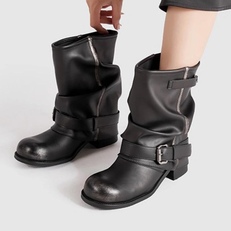 Women'S Boots Fashion Belt Buckle Design Chunky Root Platform Biker Boots Comfort Non-Slip Round Toe Mid Calf Boots