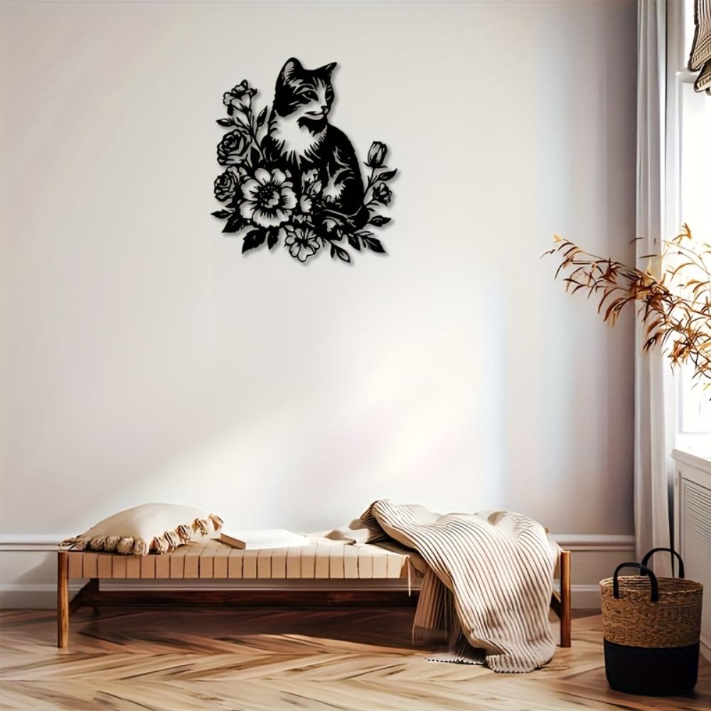 

Elegant Black Cat Flower Bouquet Metal Wall Sculpture Art Design Thanksgiving Easter Valentine Gift Kitchen Living Room Coffee Shop Home Decor 12in