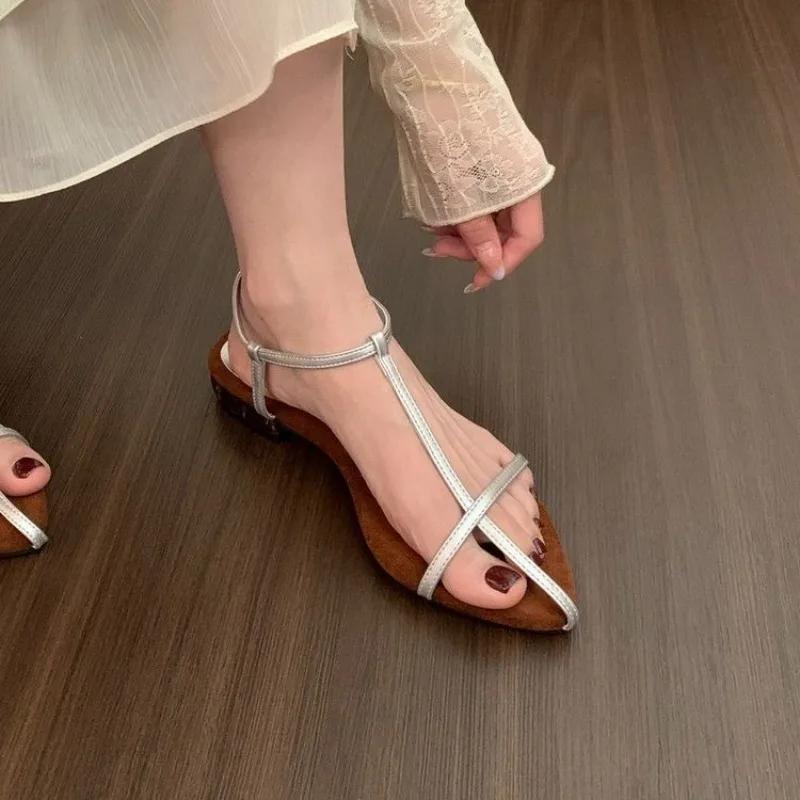 Women Fashion Sandals Thin Low Heels Pointed Open Toe Ankle Strap Dress Shoes Solid Color Summer Ladies Thin Low Heels Sandals