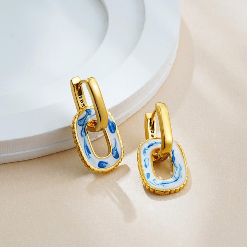 User Friendly Ceramic Ear Clip Blue Floral Pattern Dangle Earring Sturdy Copper Material Office And Casual Accessory