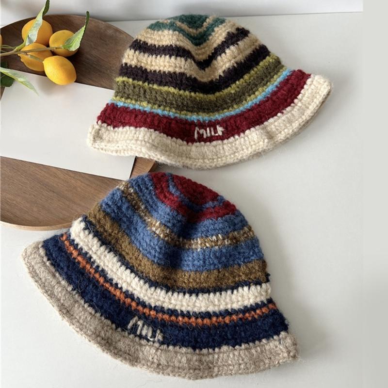 Popular Crochet Stripe Hat Knitting Fisherman Hat Handmade Knit Skull Hat Ins Style Beanies Hat Girls Casual Bucket Hat