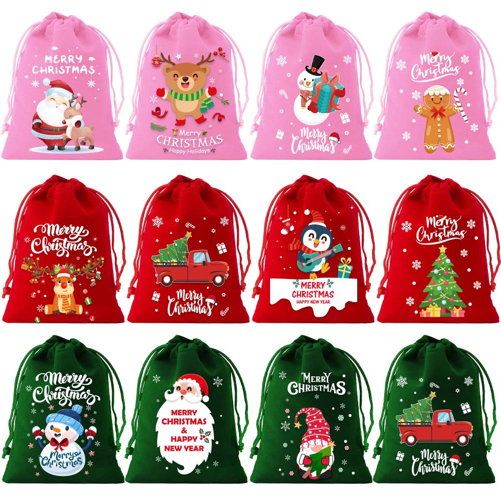 6/8/12pcs Christmas Velvet Gift Bags Drawstring Biscuit Candy Bag Gift Packaging Bags New Year Bracelet Jewelry Storage Pouch