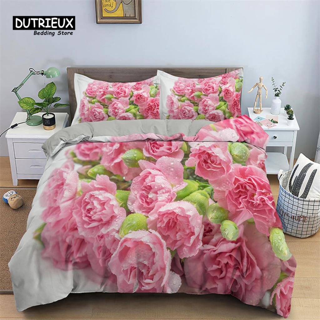 Romantic Flower Duvet Cover Rose Floral Bedding Set Microfiber Comforter Cover King For Girl Women Wedding Valentine's Day Decor