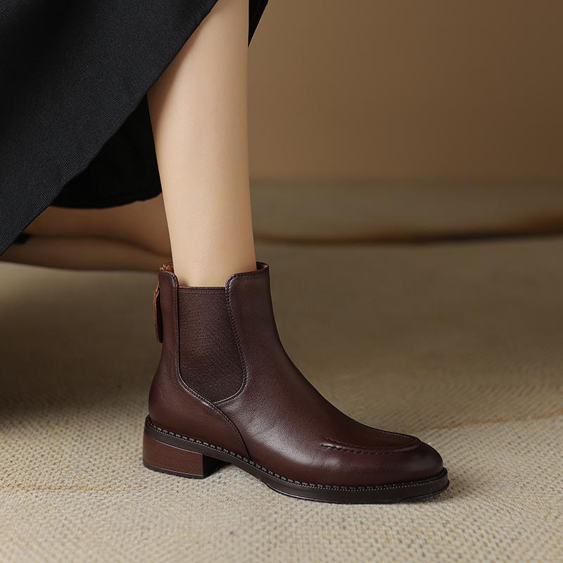 Vintage Office Lady Genuine Leather Women Ankle Boots Autumn Winter Retro Style Back Zipper Thick Heels Shoes Woman 2024 New