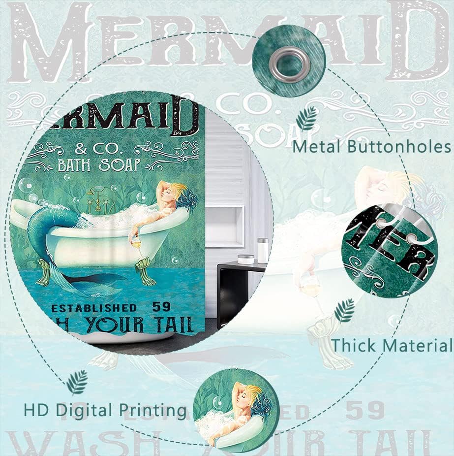 Blue Mermaid Ocean Shower Curtain - 60Wx72L Inch, Green, Wash Your Tail Funny Bathtub Bubble Waterproof Polyester Fabric, 12 Pla