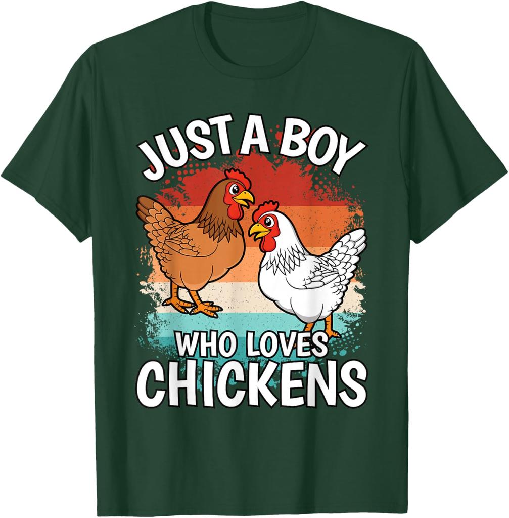 Just A Boy Who Loves Chickens Graphic Tee Retro Style Casual Cotton Short Sleeve T-Shirt for Men