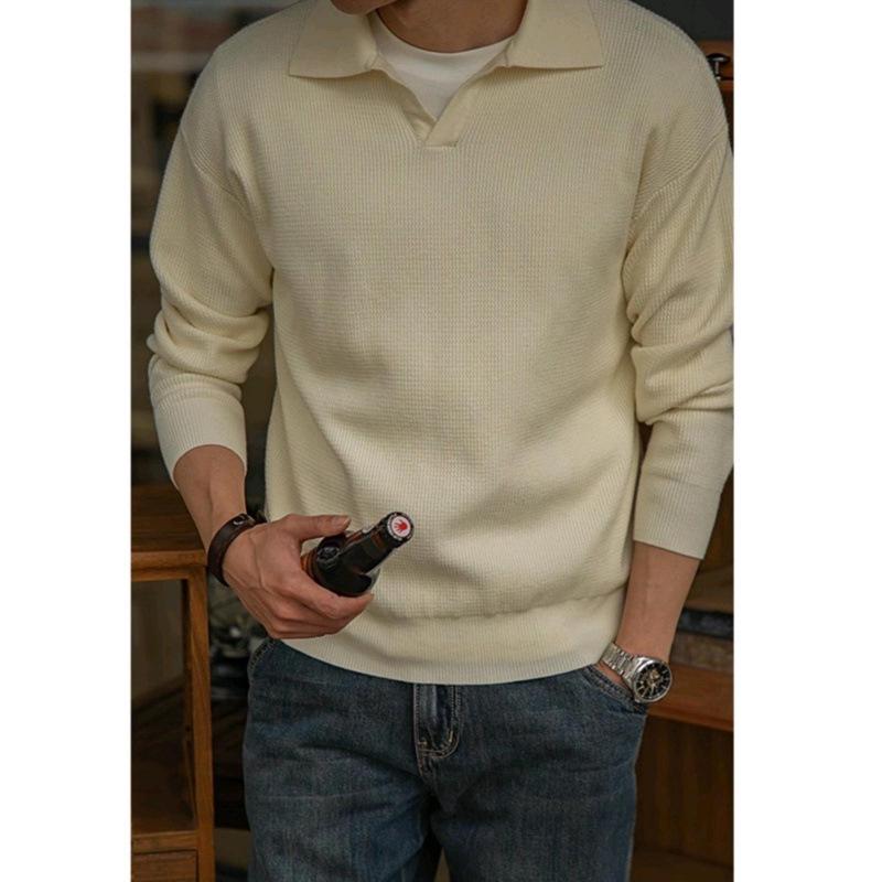 Men's Retro Heavyweight Knit Pullover Polo Sweater for Autumn/Winter