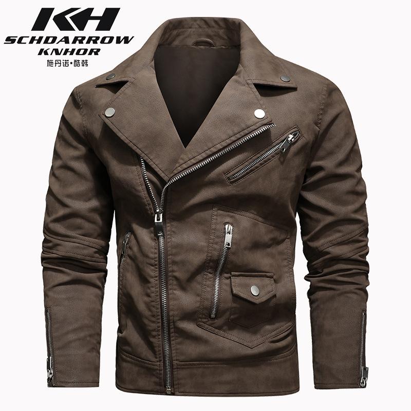 Men's leather jacket imitation pigskin PU jacket oblique zipper large lapel collar European size trendy men's jacket