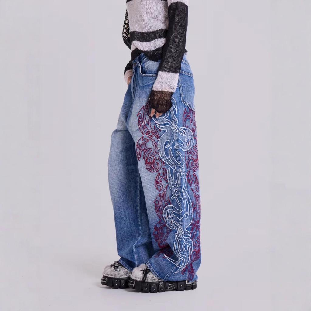 Y2K Embroidery Design Loose Floor-Length Unisex Jeans